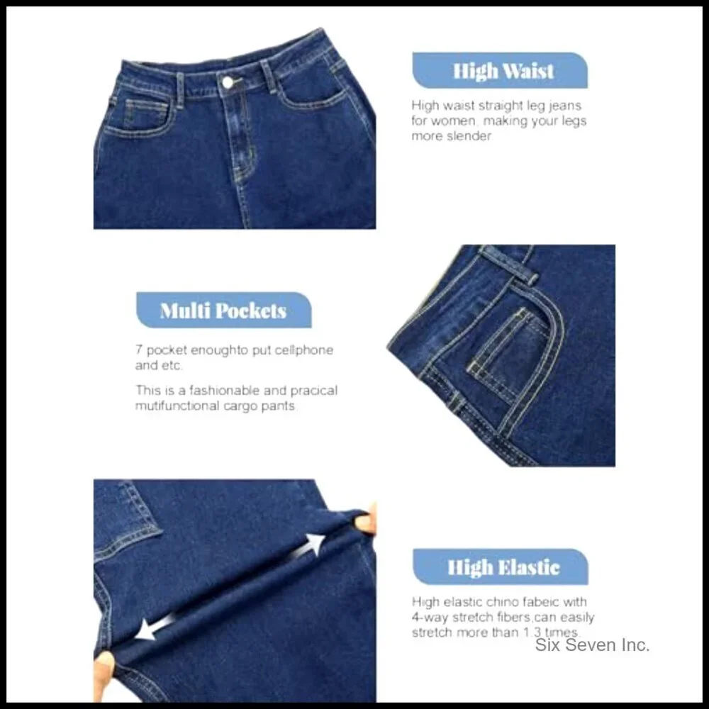 High Waisted Cargo Jeans Y2K Straight Wide Leg Baggy Denim Pants